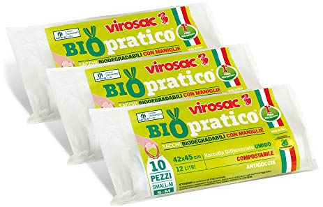 Virosac - Biopratico - Sacchetti per rifiuti biodegradabili 42x45, con maniglie estraibili, 10 pezzi per rotolo, kit da 3 rotoli