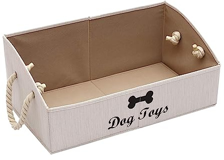 Morezi Caja de juguetes trapezoidal para perros asa de cuerda de algodón. Se utiliza para almacenar comida seca para perros, juguetes para perros y otros suministros para mascotas-Perro-Blanco