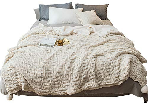 Kuscheldecke Doppelseitige Sofa Bett Decke Chenille Stricken/Sherpa Fleece Superweiche Warme Multifunktionsdecke Steppdecke Bettlaken All Season Chair Couch Decken,Beige-Twin/Double(150x200cm)