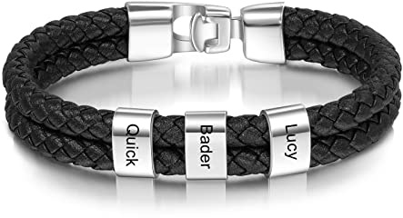 Ashleymade Vatertagsgeschenk für Papa Opa Armband Herren Personalisiertes Lederarmband Armband mit Name Geschenk für Männer Geburtstag Weihnachten (A-Sliber, 3 NAME)
