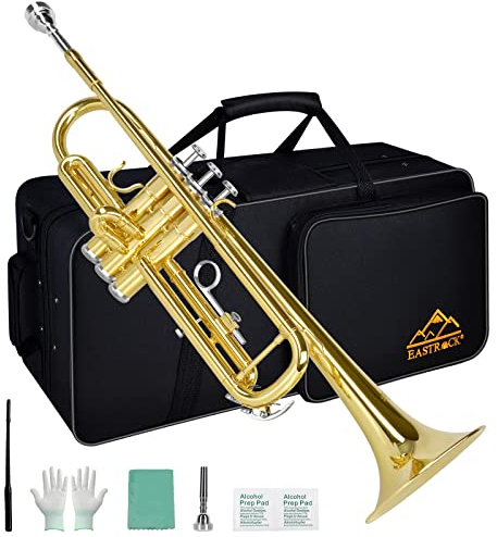 EASTROCK Bb Trumpet Standard, Trumpet Set for Beginner, Brass Trumpet Instrument with Hard Case Gloves 7C Mouthpiece Cleaning Kit for Student (Gold)