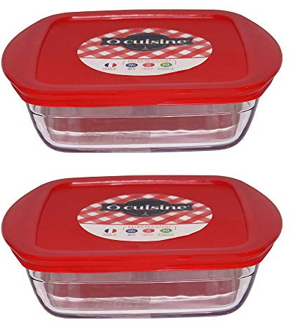 Pyrex O'Cuisine Borosilicate Glass Square Dish Container with Plastic Lid 1.0 Litre Red (Pack of 2)