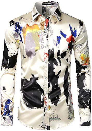 PARKLEES Chemise pour homme décontractée de luxe imprimée en satin soyeux avec boutonnage pour soirée et mariage, XL