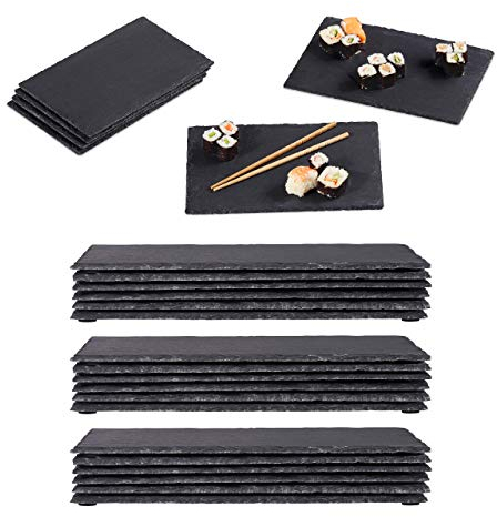 Relaxdays 24 Platos de Pizarra, 26 x 16 cm, para Servir y Escribir, Buffet, Bandeja Piedra Cuadrada, Antracita