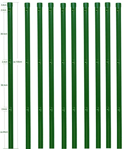 EXCOLO 10er-Set Metall-Zaunpfosten Ø34 mm, 1,3 m, pulverbeschichtet moosgrün RAL 6005, inkl. 3 Spanndrahthalter & Pfostenkappe, zum Einbetonieren – für Maschendrahtzäune bis 80 cm Höhe