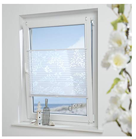 ourdeco® Plissee Ausbrenner / 75 x 130 cm (Breite x Höhe) / Farbe: weiß; lichtdurchlässig, Motiv Ranke Blatt/Klemmen, Montage ohne zu Bohren, Klemmfix-Plissee, Easy-to-fix