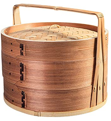 2 Tier Handmade Steamer Basket, Cooking Kitchen Wooden Steamer with Handle and Bamboo Lid for Dumplings, Dim Sum, Rice, Meat,28CM