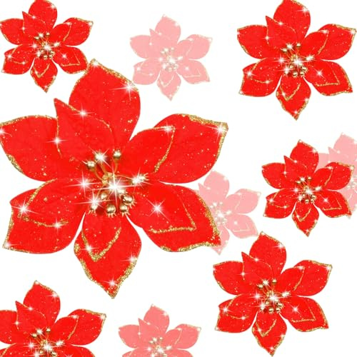 Weihnachtsblumen, 30 Stück, Weihnachtsdekoration, künstlicher Glitter, 15,2 cm, Glitter, Weihnachtsblumen, für Weihnachtsdekoration, Haus, Goldhalter (Rot)