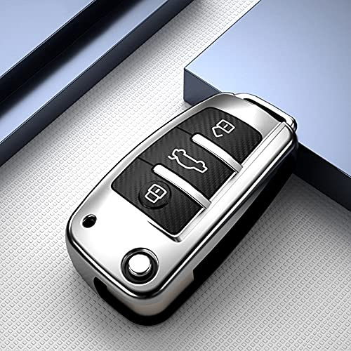 HIBEYO Autoschlüssel Hülle passt für Audi Schutzhülle Schlüsselhülle für Audi A1 A3 A4 A6 Q3 Q5 Q7 S3 R8 TT Schlüsselbox Schlüsseltasche Fernschlüssel Fall Klappschlüssel TPU(Silber-Kohlefaser)