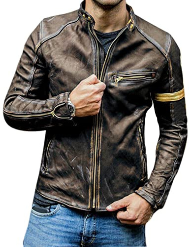 keepmore Chaqueta de Cuero Negra de Motociclista desgastada Vintage Cafe Racer para Hombre con Rayas Amarillas