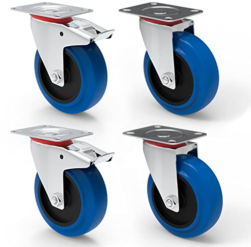 Transportrollen mit Bremse 100mm Möbelrollen Schwerlast - Lenkrollen Set Gummi Rollen Blue Wheels Bockrollen für Rollbrett Werkstatt schwere Möbel Palettenmöbel Rollwagen Räucherschrank Werkzeugwagen