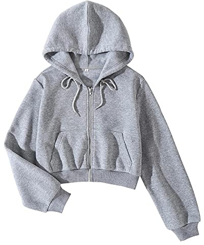 LOFAAC Women Fleece Full Zip Up Cropped Hoodie Sweatshirt 90s Long Sleeve Drawstring Hooded Crop Jacket Top(L,US,Women,Light Grey)