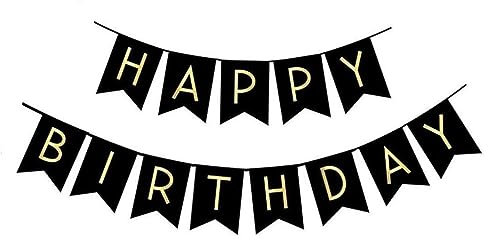 SARTHAM Happy Birthday Banner With Shiny Gold Letters - Black & Gold Party Decorations for Any Age With 13 Cards and Ribbon