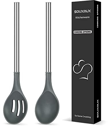 2 Pcs Silicone Cooking Spoons, Solid and Slotted Spoon Set, Non-Stick BPA Free Heat-Resistant Basting Stainless Steel Handle Kitchenware for Cooking, Soup, Serving, Draining, Stirring (Grey)