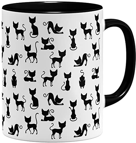 OM3® süße Kaffee-Tasse mit Katzen Cat Tasse mit Katzenmotiv Katze III | Keramik Becher | 11oz 325ml | Rundumdruck | Schwarz