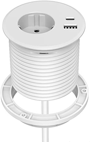 Dinolink Einbausteckdose mit USB-C und Schuko für 80 mm Tischbohrung, Weiß