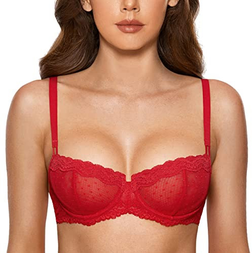 DOBREVA Women's Sexy Lace Balconette Bra Unlined Underwire Open Half Cup Bra See Through Sheer Balcony Bra Lipstick Red 32F