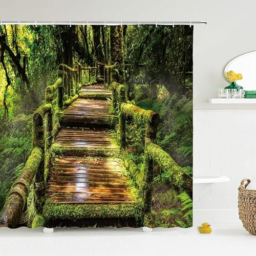 MMHJFANG Nature Scenery Outdoor Curtains Waterproof Distance Mountains and Waterfall Green Wood 3D Print Shower Curtain Garden Scene with 12 Hooks Machine Washable (1, 180x180cm)