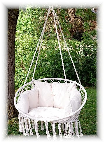ALEOS. Hängesessel Catalina klappbar 100cm Durchmesser - Hängesessel rund - Stoffsessel mit gemütlichem Kissen - Hängekorb zum Aufhängen - inkl. 2 Karabiner + Kette im Makramee Boho Style
