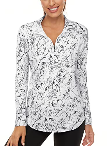 Akiooue Ladies Gym Wear, Womens Running Tops Casual Long Sleeve Sports Tops Womens Golf Tops 1/4 Zip Up Workout Tops Womens Tennis Hiking Walking Cycling Tops, XXL, Marble
