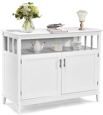 KOMFOTTEU Sideboard mit 4 Beine aus Kiefernholz, Aufbewahrungsschrank Küchenschrank mit verstellbaren Regal, Mehrzweckschrank 114x51x91 cm, Buffetschrank für Wohnzimmer Esszimmer, Weiß