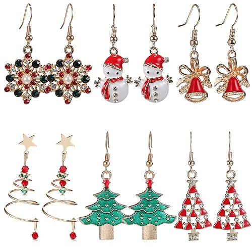 Toyvian 6 Paar Weihnachts-Ohrhänger-Set, Weihnachts-Schneemann-Ohrringe Glöckchen Schneeflocken-Ohrringe Weihnachtsbaum- für Damen und Mädchen Urlaubs-Schmuckset