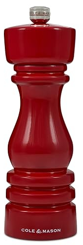 Cole & Mason H233100 London Rojo Brillo Molinillo de Pimienta, Precision+/Molienda Ajustable, Madera de Haya, 180mm, Incluye 1 x Molino, Garanzia del Meccanismo a Vita
