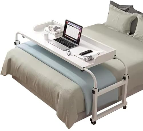 RCJCQSR Overbed Table Mobiler Schreibtisch Pflegetisch Laptoptisch Bettbeistelltisch Über-Betttisch auf Rollen Höhenverstellbar/Breitenverstellbar, überrollstuhltisch, Mobilitätstisch(Color:Weiß)