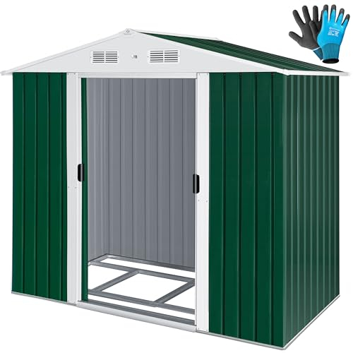 KESSER® Abri de Jardin XL en métal de 4,2 m³ avec Fondation, Gants de Travail, 182 x 118 x 186 cm, 2 Portes coulissantes, Abri à Outils, Armoire, Toit à Pente de Jardin Vert