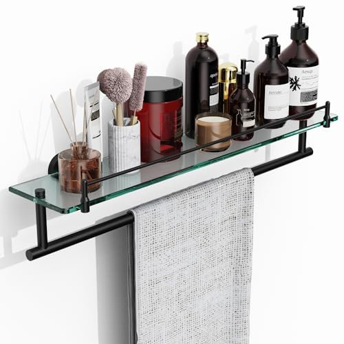 KOCOK 61 cm schwimmendes Badezimmerregal aus gehärtetem Glas mit Handtuchstange – Mattschwarz & Edelstahl, Wandhalterung, platzsparend, für Dusche/WC-Aufbewahrung