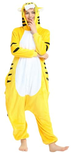 zpllsbratos Unisexe Adulte Pyjama Animaux Cosplay Halloween Costume Déguisement Combinaison Vêtement de Nuit Femme Homme (Jaune Tigres,L)