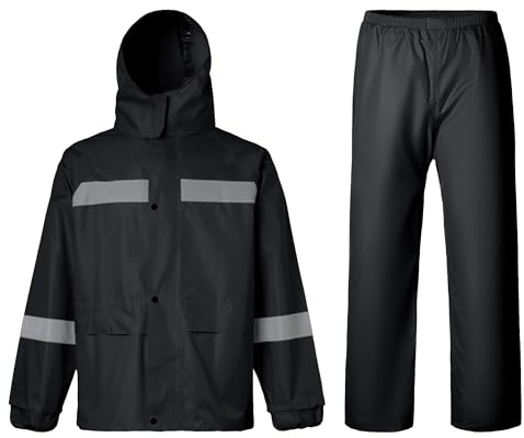 Oralidera Hombre Traje de Lluvia Reflectante Traje de Agua Impermeable Conjunto de Chaqueta y Pantalón de Lluvia Traje Impermeable de Trabajo Chaqueta Impermeable, Negro, L