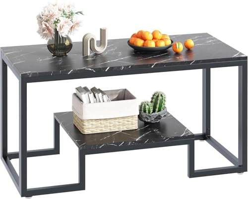Huhote Couchtisch mit 2 Etagen, Mitteltisch, Teetisch, Wohnzimmertisch mit schwarzem Metallrahmen, für Wohnzimmer, Schlafzimmer, Büro, modernes offenes Design, 100 x 48 x 50 cm, schwarzer Marmor