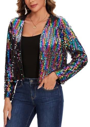 LADI TREND Vollständig gefütterter Bolero mit Pailletten, Glitzer-Cardigan, Jacken, langärmelig, Cropped-Top, offene Vorderseite, Jacke, Hochzeit, Cocktail, Club, Partys und Ausgehen