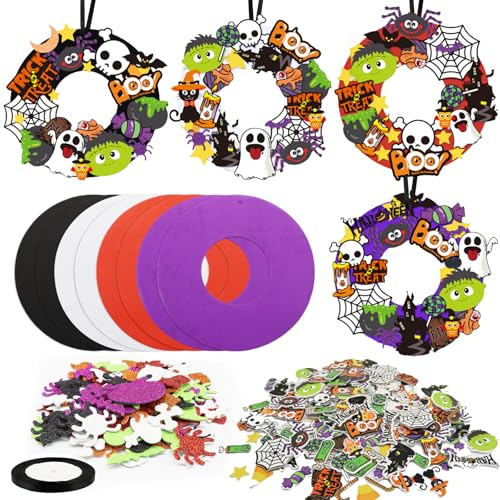 SOETDERT Halloween Basteln Kinder, 8 Stück Halloween Deko Kranz Bastelset | Moosgummi Bastelset Kinder mit Aufkleber, Halloween Türkranz für Kinder Halloween Wand Fenster Party Deko