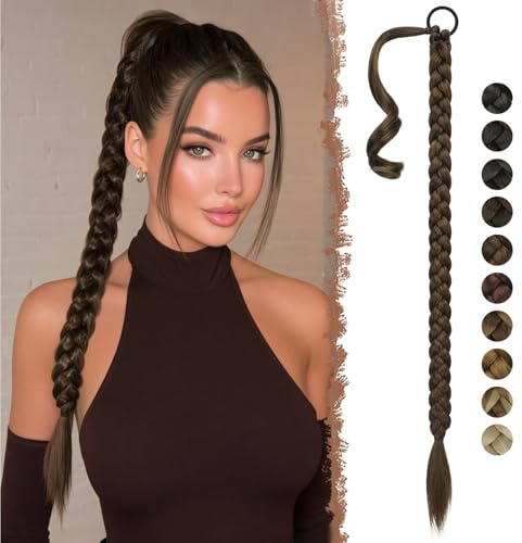 FESHFEN Geflochtener Zopf Haarteil - Braid Extensions Pferdeschwanz mit Haargummi Kunsthaar Lang Geflochten Ponytail Synthetik Haare Zöpfe zum Einflechten für Damen, 65 cm Braun Gemischt Hellbraun