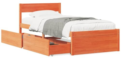 Homgoday Massivholzbett mit Schubladen Stauraumbett Bettrahmen Holzbett Schubladenbett Einzelbett Bettgestell Bett mit Kopfteil für Schlafzimmer Gästezimmer Wachsbraun 100x200 cm Kiefer