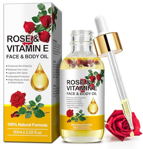 Huile Essentielle De Rose Et Huile De Vitamine E 100% Pure Et Naturelle Gouttes De Vitamine E Pour Visage,Le Corps Et Les Soins De Peau Pour Éclaircir,Lisser Les Rides Anti - Âge Et Hydrater Peau-60Ml