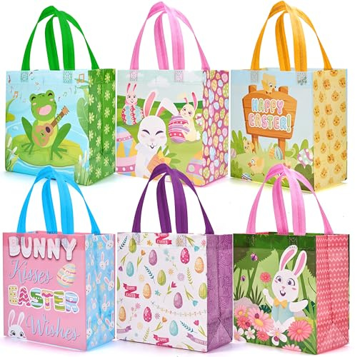 JOYIN 6 Stück Tragetaschen aus Vliesstoff mit Griffen für Ostern, Ostereiersuche-Tüten, Geschenktüten mit Hasen, Frosch, Küken und Ei, Ostertüten für Leckereien zum Verpacken von Geschenken