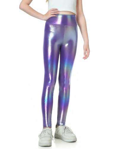 Girls Sparkle Pants Size 3t 4t Holographic Purple Stretch Soft High Waist Yoga Leggings for Toddler Cheer Ballet