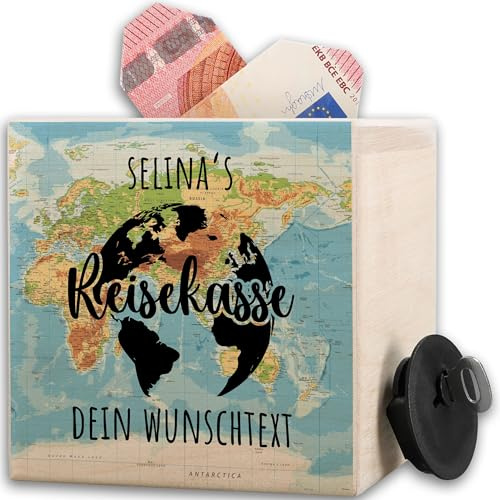 Holz - Holzspardose Reisekasse personalisiert I Reisekasse Geschenk Spardose mit Name und Wunschtext I Urlaub Geschenk Reise Geld - 10x10cm - Holz - urlaubskasse beschriftung geldgeschenk