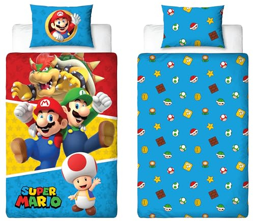 Nintendo Super Mario - Set copripiumino per letto singolo, reversibile, double-face, con federa coordinata, in policotone, prodotto ufficiale