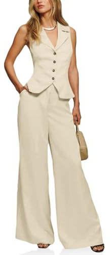 Cicy Bell Womens Vest Sets Summer 2 Piece Outfits Button Crop Blazer Vest and Wide Leg Pant Suits Beige