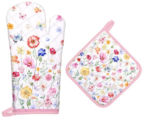 Arquiel Blumen Ofenhandschuh und Topflappen 2er-Set Baumwolle | Baumwoll-Küchenset mit Blumen-Motiv, hitzebeständig und praktisch zum Kochen, Backen und Grillen.