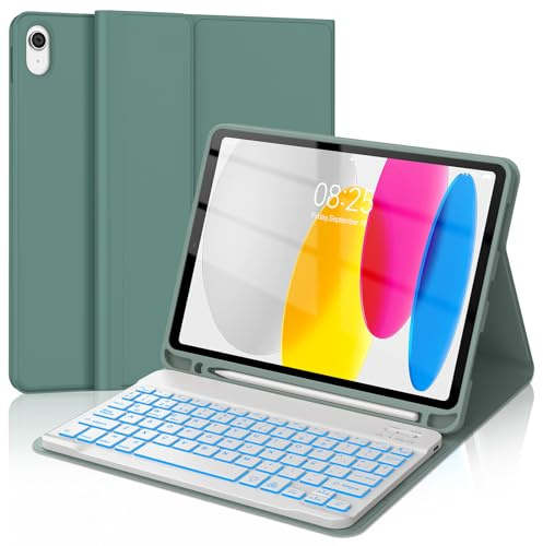 WAVATA Funda con Teclado para iPad 10 Generación 2022/11 Generación A16 2025, QWERTY Español Ñ- Retroiluminado Bluetooth Desmontable Teclado para iPad 11 Generación A16 2025– Verde Oscuro