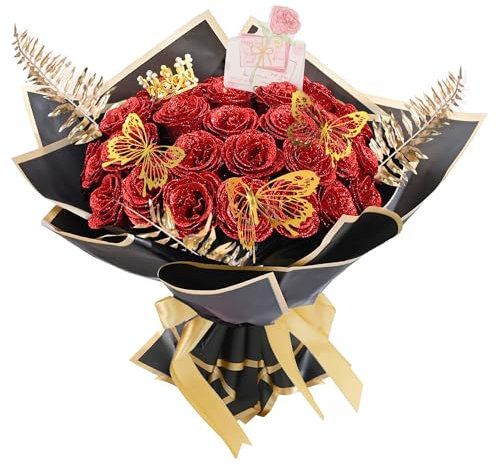 AIGOCITY 24 Pcs Glitter Roses Bouquet,Artificial Rose Bouquet,Sparkly Rose,DIY Fake Glitter Bouquets with Crown Card 3D Butterfly for Birthday Gifts Wedding Valentine's Day Mother's Day (Red)