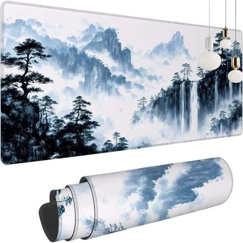 Tapis de Souris XXL 1200x600x3mm, Encre Scène Tapis Souris Table Surdimensionné, Mouse Pad Bureau Antidérapant Étanche, avec Bords Surpiqués et Dos Antidérapant, Accessoire Bureau Gaming Deco Z-443