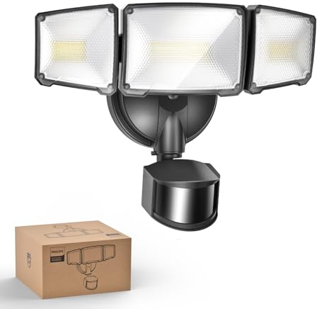 Philips 24W 3500LM LED Strahler mit Bewegungsmelder Außen, 5000K Tageslicht Dämmerungssensor Aluminium Fluter, 3 verstellbare Köpfe, wasserdicht für Garage, Hof, Vorplatz
