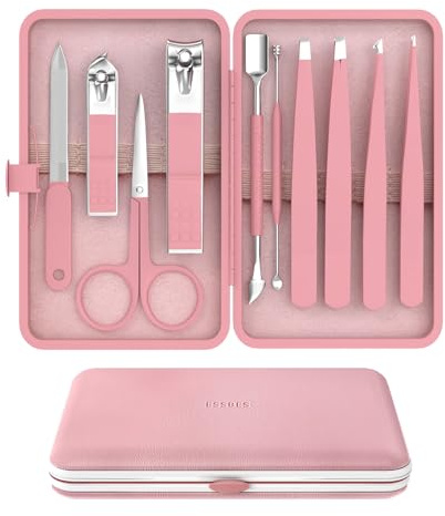 ESSBES Set Manicure 10 in 1 in Acciaio Inox con Tagliaunghie, Forbici, Pinzette e Kit per la Cura Delle Unghie con Custodia da Viaggio (Rosa Puro)