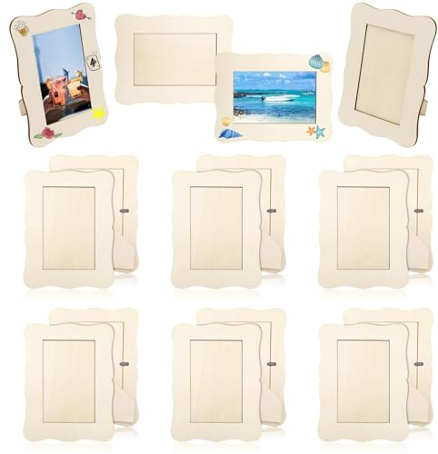 16 Pack DIY Wooden Picture Frames, 4 x 6 Unfinished Wood Wavy Photo Frames, Standing Wooden Picture Frame for Crafts, DIY Painting, Wedding and Party
